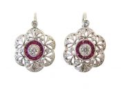 Antique Style Diamond and Ruby Floral Filigree Openwork Drop Earrings