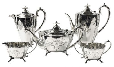 Art Nouveau Design English Sterling Silver 5 Piece Tea Set
