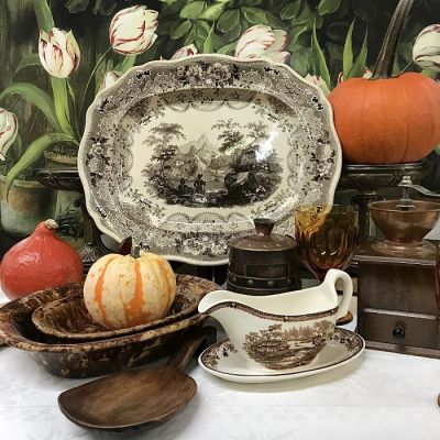 Bennington Bowls, Brown Transfer Ware, Copper And Amber Glass