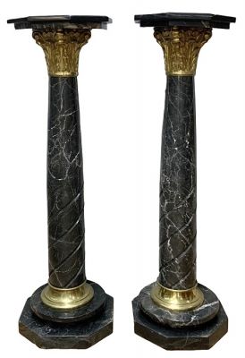 Black Marble & Brass Corinthian Column Pedestals