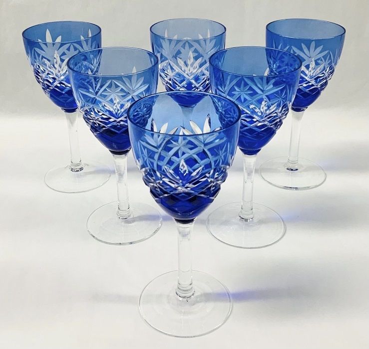 Bohemian Cut Crystal Wine Glasses in Cobalt Blue