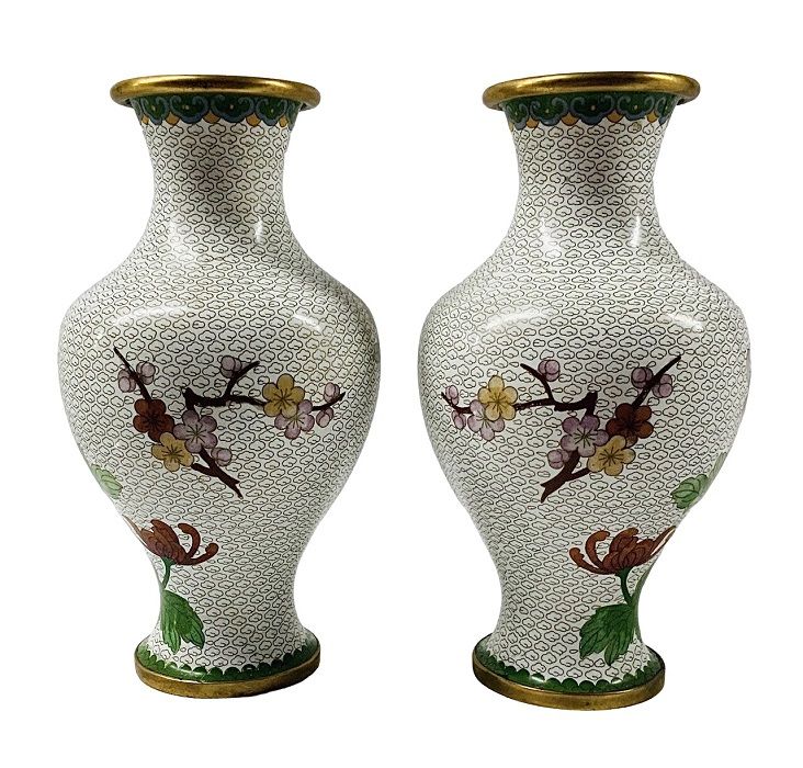 Chinese Cloisonné Vases With Chrysanthemums & Cherry Blossoms | Cynthia ...