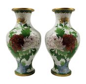 Chinese Cloisonné Vases With Chrysanthemums & Cherry Blossoms 