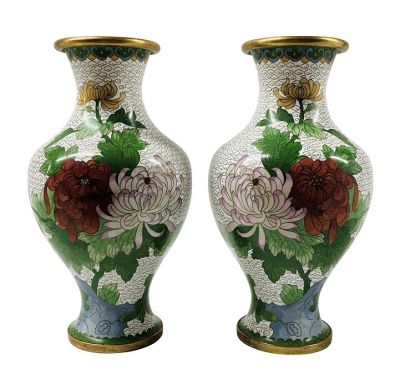 Chinese Cloisonné Vases With Chrysanthemums & Cherry Blossoms 