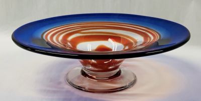 Cobalt Blue & Red Swirl Glass Pedestal Bowl