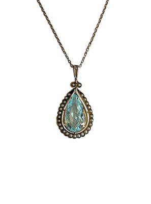 Edwardian Aquamarine and Seed Pearl Pendant and Rollo Chain