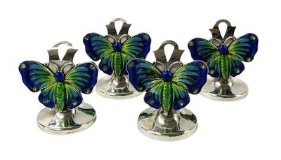 Edwardian Enamelled Sterling Silver Butterfly Place Card Holders Dated 1910
