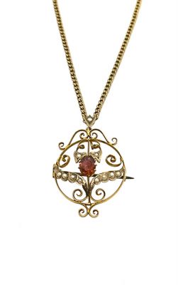 Edwardian Garnet and Pearl Pendant and Chain
