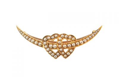 Edwardian Interlocking Double Heart Seed Pearl Brooch