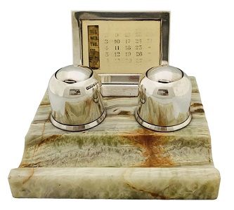 English Sterling Silver Double Inkwell Stand & Perpetual Calendar Dated 1916