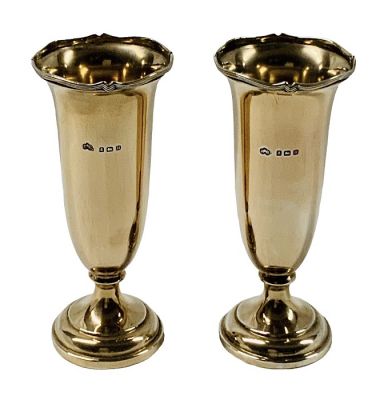 Gold Washed Sterling Silver Trumpet Vases Dated 1912