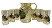 Hand Painted Glass Hunt Scene Water Pitcher & Tumblers 