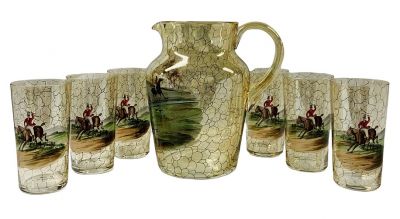 Hand Painted Glass Hunt Scene Water Pitcher & Tumblers 