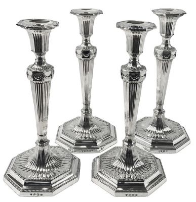 Matched Set Of Four English Sterling Silver Candlesticks, Dated 1923/26 