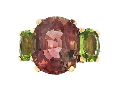 Modern 9.79ct Pink Tourmaline Peridot Yellow Diamond 18kt Ring