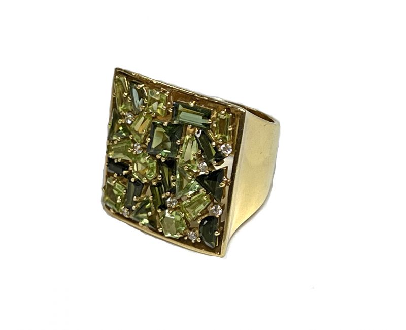Modern Green Tourmaline Peridot and Diamond Ring