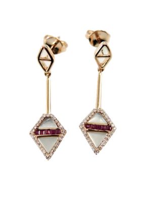 Modern Mother of Pearl, Ruby and Diamond Drop Earrings