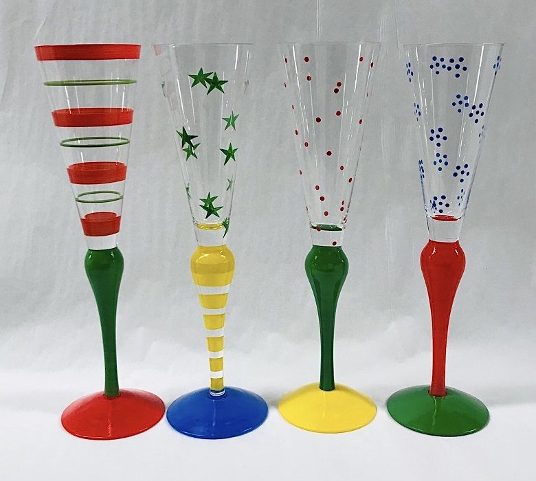 Orrefors Clown Pattern Hand Painted Champagne Flutes