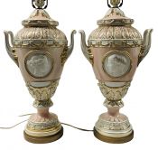 Pink Porcelain Neoclassical Urn Form Lamps