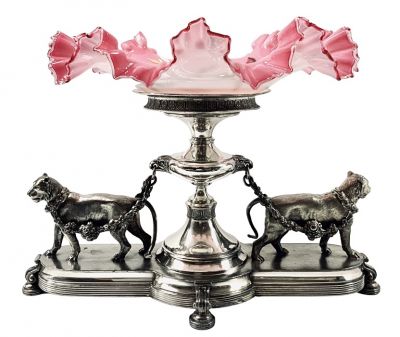 Reed & Barton Silver Plate & Cranberry Glass Lioness Centrepiece