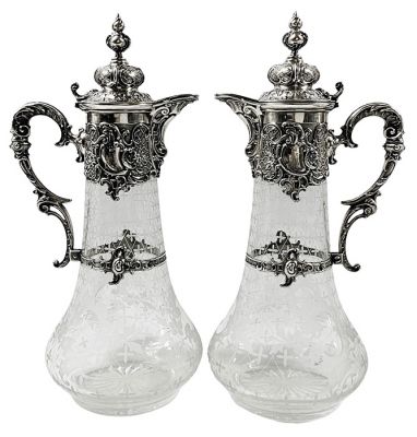 Rococo Style German Silver & Crystal Claret Jugs