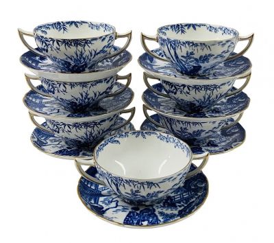 Royal Crown Derby Blue Mikado Bouillon Cups & Stands