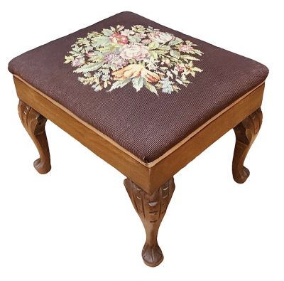 Solid Walnut Footstool With A Floral Needlepoint Cover, circa 1940s
