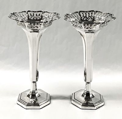 Sterling Silver Pierced Rim Trumpet Vases Dated 1912