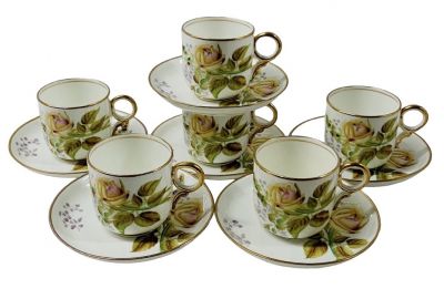 Victorian Hand Painted Moss Rose Teacups & Saucers