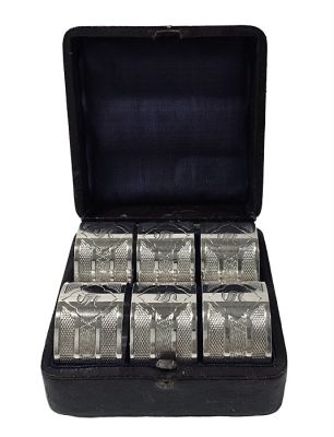 Victorian Silver Plate Napkin Rings, Boxed Set Of 6