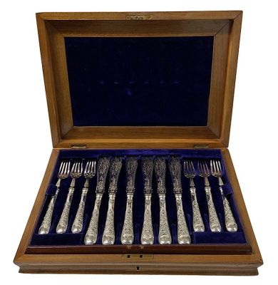 Victorian Sterling Silver Fish Service for 12 in Original Fitted Box, Dated 1870