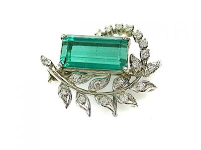 Vintage Green Tourmaline and Diamond Floral Brooch