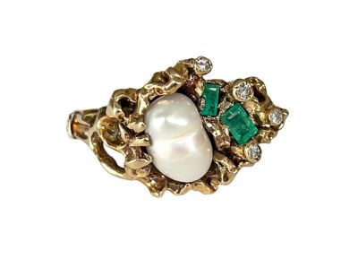 Vintage Biwa Pearl Emerald and Diamond Nugget Ring