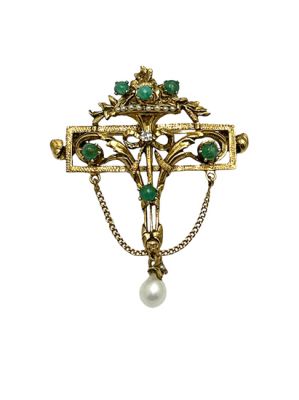 Vintage Diamond Emerald and Pearl Pendant Brooch