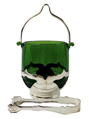 Vintage Forest Green Glass & Silver Plate Ice Bucket 
