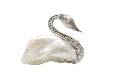 Vintage Pearl and Diamond Swan 14kt and Platinum Brooch