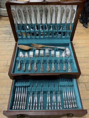 Wallace Sterling Silver Rose Point Pattern Flatware Set For 12
