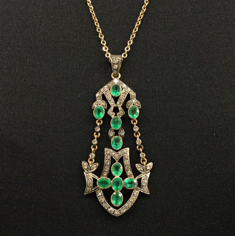 Victorian Inspired Emerald and Diamond Pendant