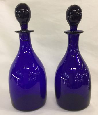 A Pair of Antique English Bristol Blue Decanters