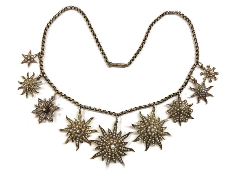 Antique Pearl and Diamond Star Burst Necklace