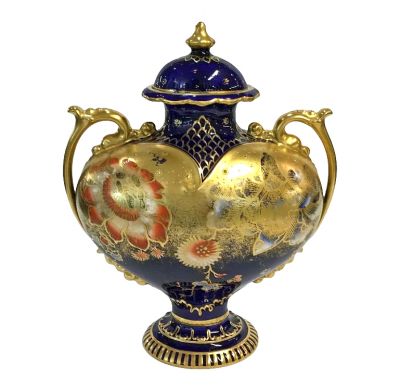 Antique Royal Crown Derby Peony and Goldfish Heart Shaped Covered Mantle Vase
