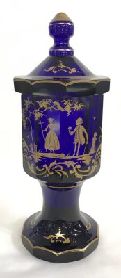 Antique Biedermeier Covered Jar In Cobalt Blue Glass