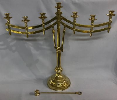 Antique Brass Menorah With Adjustable Arms & Candle Snuffer