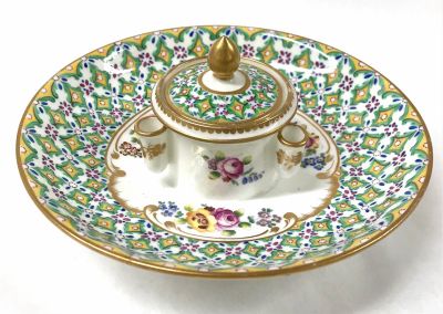 Antique French Porcelain Inkwell And Attached Stand