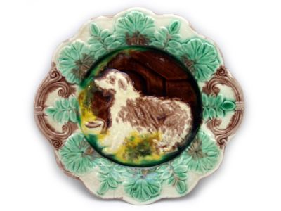 Antique Majolica Plate with Dog Motif