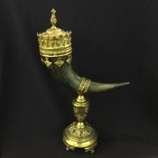 Antique Ornate Gilt Metal Mounted Presentation Horn Cup