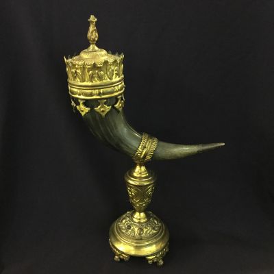 Antique Ornate Gilt Metal Mounted Presentation Horn Cup