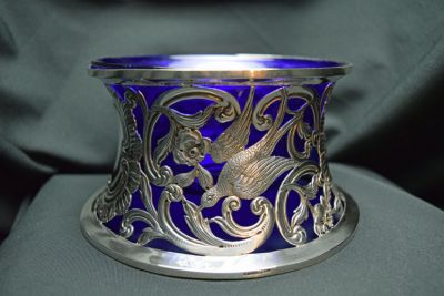Irish Silver Dish Ring with Blue Glass Liner