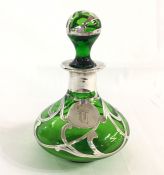 Antique Silver Overlay Green Glass Perfume Bottle