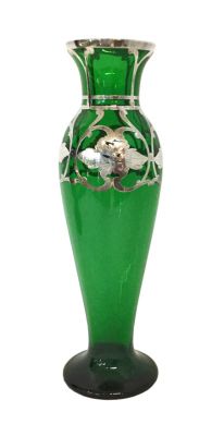 Antique Silver Overlay Green Glass Vase